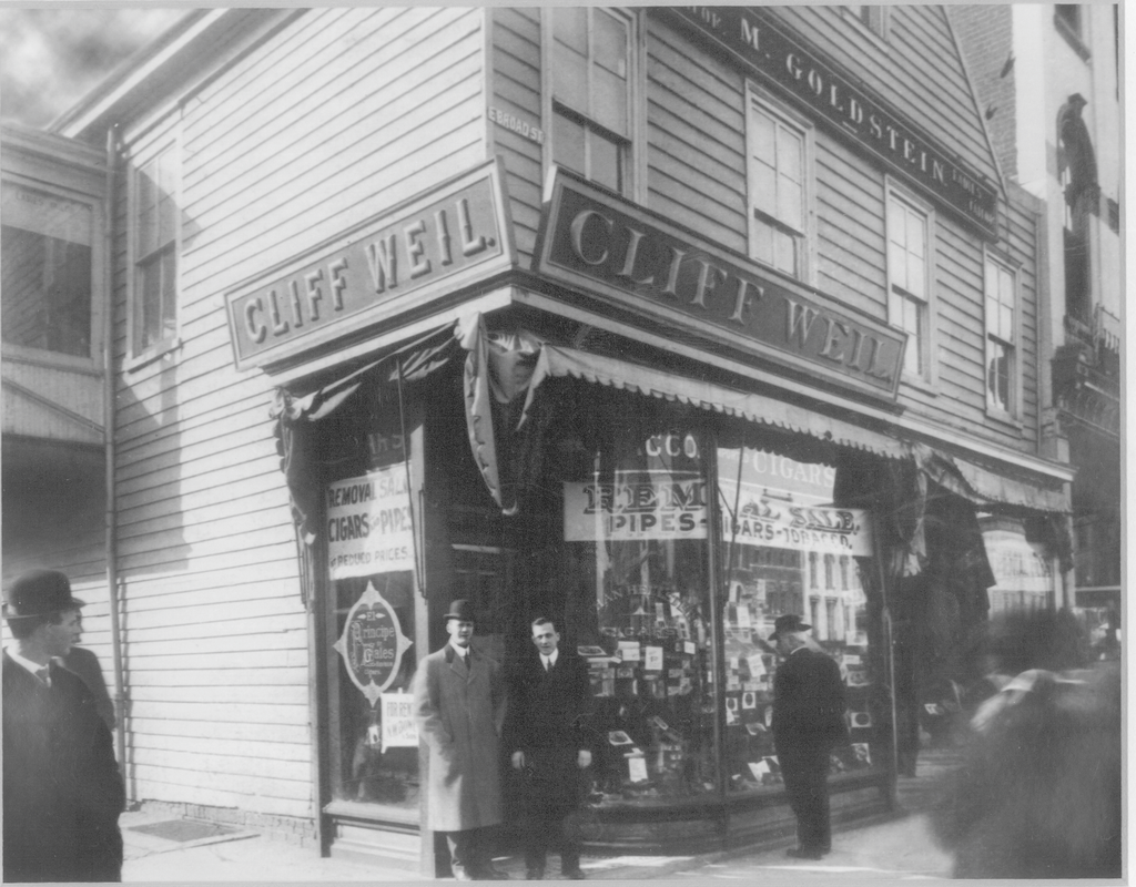 Cliff Weil Cigar Company storefront in 1920s